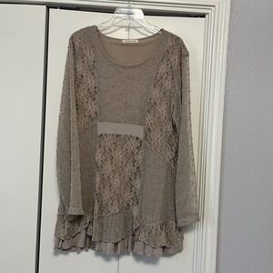 Indigo Soul Mixed Media Floral Lace Crochet Sequin Tunic Top Taupe Mauve Boho L